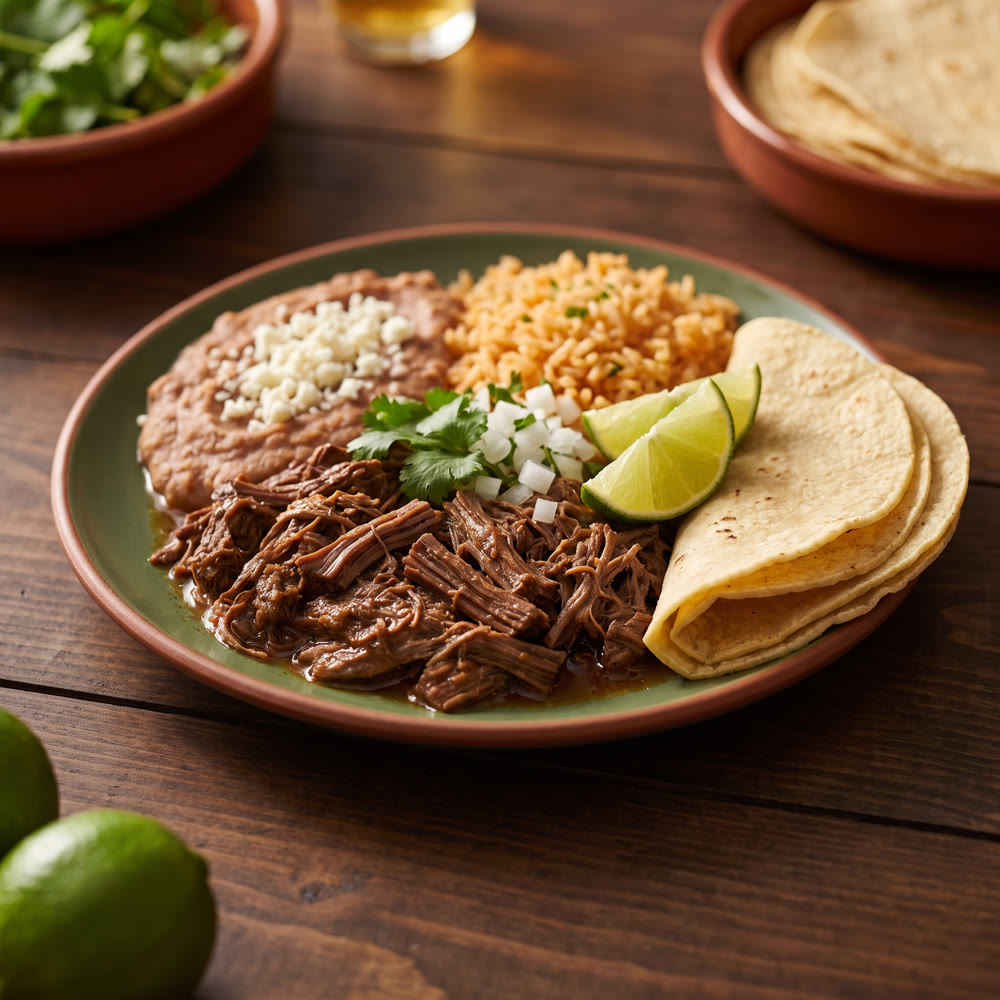 Barbacoa plate with rice and beans