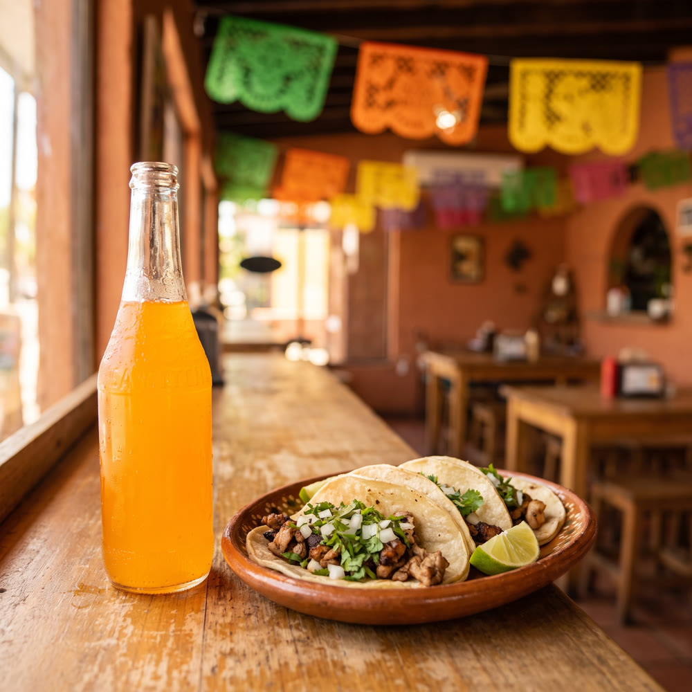 A Jarritos soda and fresh food on the counter