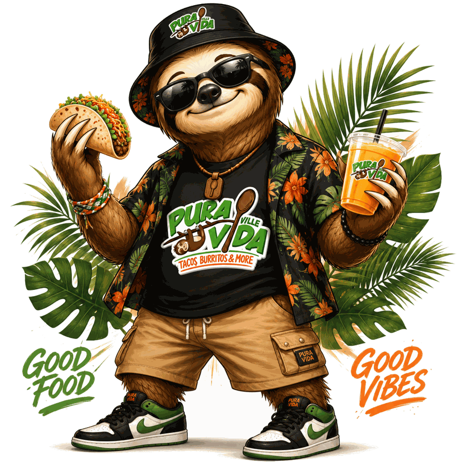 The Pura Vida Ville sloth mascot holding a taco and an agua fresca