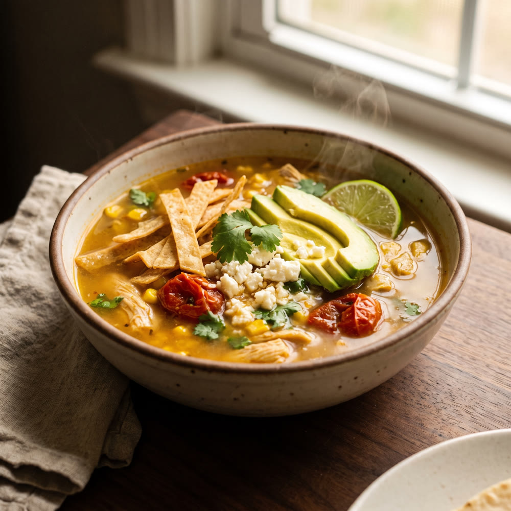 Homemade soup with tortilla chips and avocado